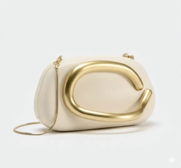 Luxury beige chain shoulder bag with gold metal C accent designer women’s handbag for parties (1)