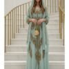 Mint green Moroccan kaftan with gold embroidery, handmade chiffon gown for weddings and special occasions (1)