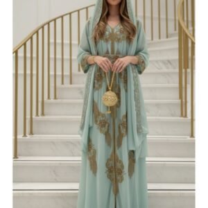 Mint green Moroccan kaftan with gold embroidery, handmade chiffon gown for weddings and special occasions (1)