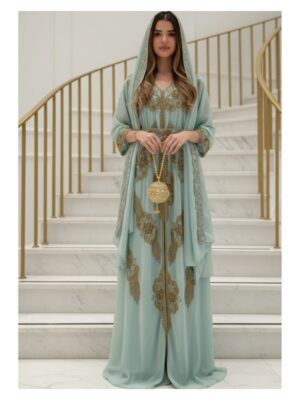Mint green Moroccan kaftan with gold embroidery, handmade chiffon gown for weddings and special occasions (1)