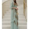 Mint green Moroccan kaftan with gold embroidery, handmade chiffon gown for weddings and special occasions (2)