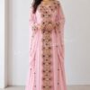 Pink Moroccan Kaftan Dress with Gold and Blue Hand Embroidery Luxury Handmade Wedding Kaftan Designer Caftan for Henna Party Nikkah Eid and Evening Wear (1)