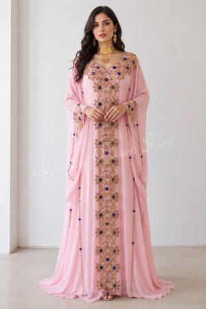 Pink Moroccan Kaftan Dress with Gold and Blue Hand Embroidery Luxury Handmade Wedding Kaftan Designer Caftan for Henna Party Nikkah Eid and Evening Wear (1)