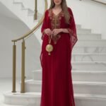 Red Moroccan kaftan with gold embroidery, handmade chiffon gown for weddings and festive occasions (1)