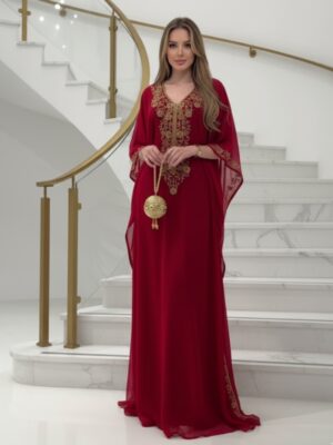 Red Moroccan kaftan with gold embroidery, handmade chiffon gown for weddings and festive occasions (1)