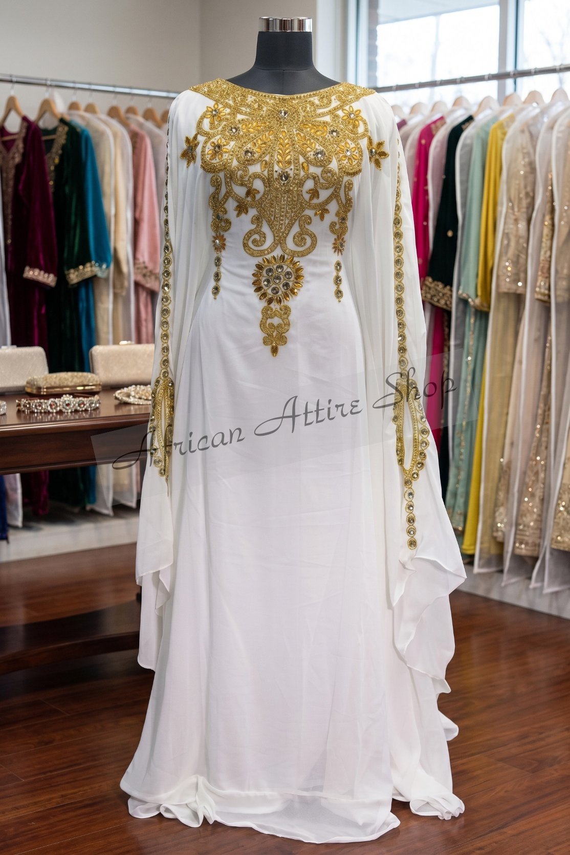 White & Gold Embroidered Moroccan Kaftan (1)