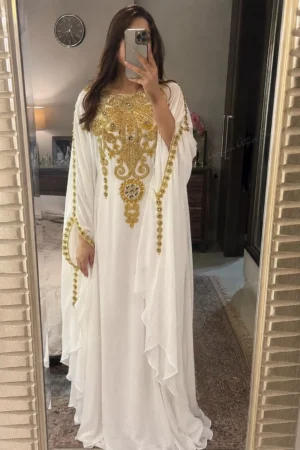 White & Gold Embroidered Moroccan Kaftan