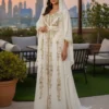 White Moroccan bridal kaftan dress with gold embroidery and veil for Nikkah and wedding occasions (2)