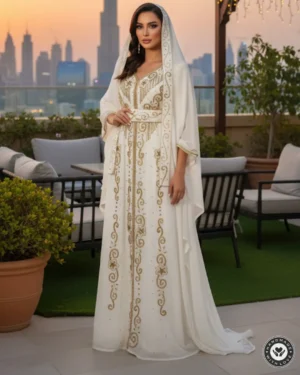 White Moroccan bridal kaftan dress with gold embroidery and veil for Nikkah and wedding occasions (2)