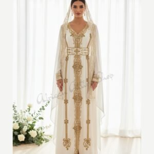 White and gold Moroccan bridal kaftan dress with hand embroidery, matching veil, and belt for Nikkah and wedding occasions (1)