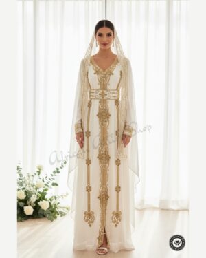 White and gold Moroccan bridal kaftan dress with hand embroidery, matching veil, and belt for Nikkah and wedding occasions (1)