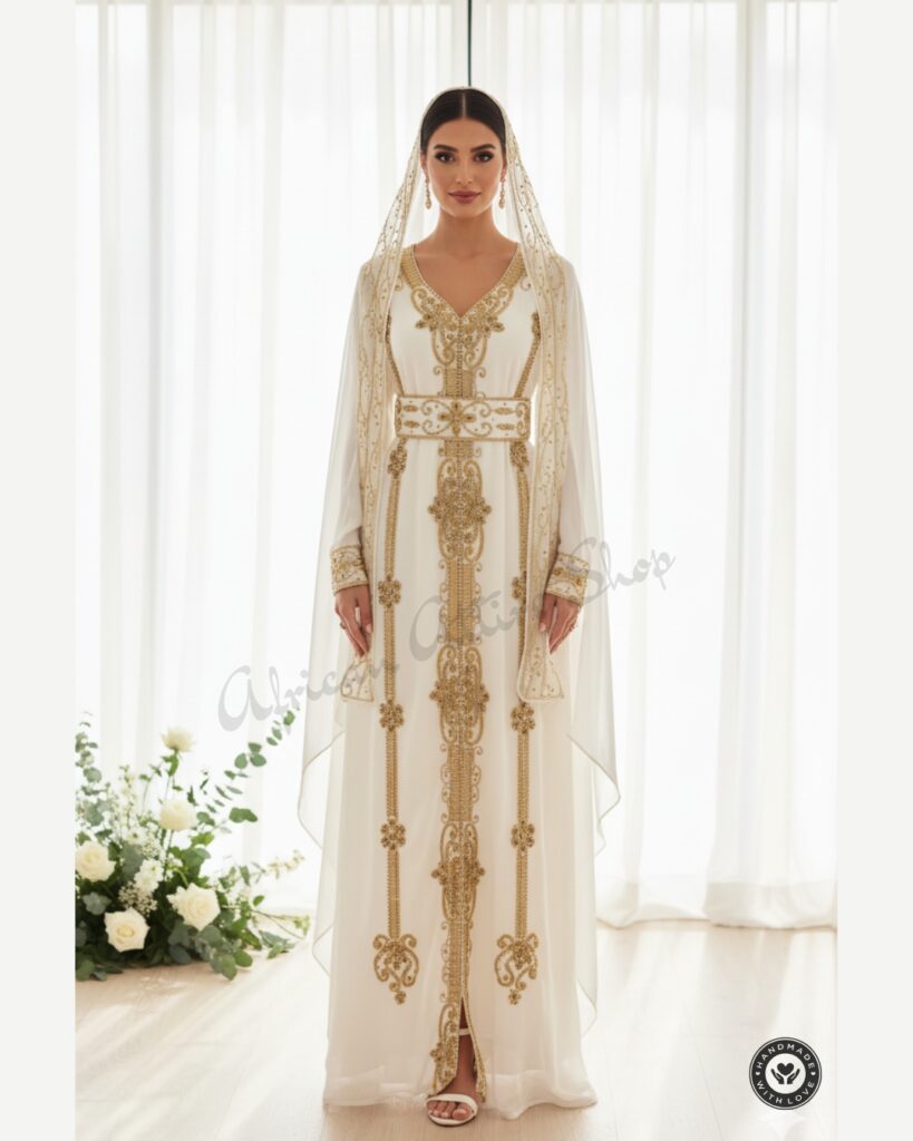 White & Gold Moroccan Bridal Kaftan  Dubai Luxury Hand-Embroidered Nikkah  Dress  Limited Stock!