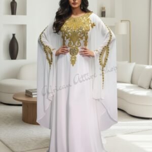 White and gold Moroccan embroidered kaftan dress handmade from chiffon, luxury gown for weddings and parties (1)