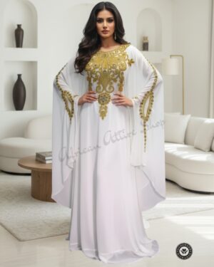 White and gold Moroccan embroidered kaftan dress handmade from chiffon, luxury gown for weddings and parties (1)