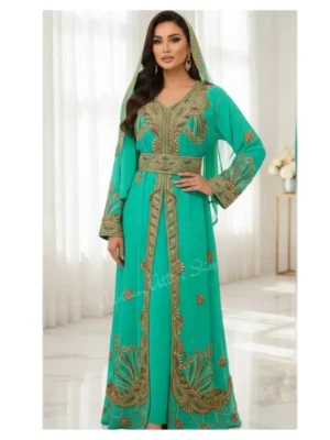 emerald green Moroccan wedding kaftan dress with gold embroidery, luxury bridal kaftan gown, handmade Moroccan gown for women (1)