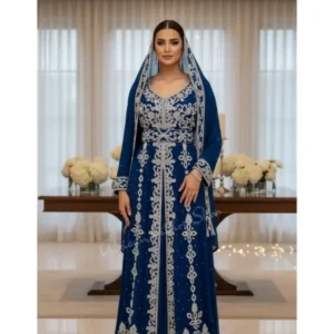 royal blue Moroccan wedding kaftan dress with silver embroidery luxury bridal kaftan gown handmade Moroccan wedding outfit for women