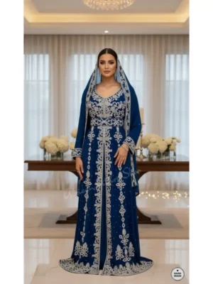 royal blue Moroccan wedding kaftan dress with silver embroidery luxury bridal kaftan gown handmade Moroccan wedding outfit for women