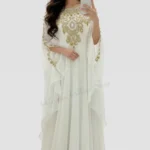 white Dubai kaftan dress with gold embroidery, Arabic georgette evening gown, luxury white kaftan for women (1)
