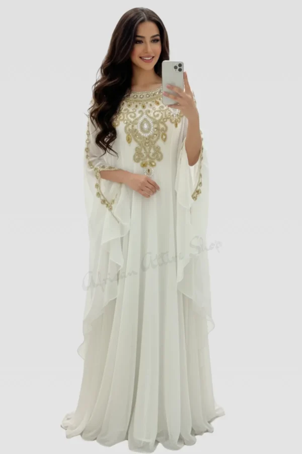 white Dubai kaftan dress with gold embroidery, Arabic georgette evening gown, luxury white kaftan for women (1)