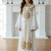 white gold embroidered kaftan dress for girls, Moroccan princess style kids kaftan, luxury georgette girl’s kaftan (1)