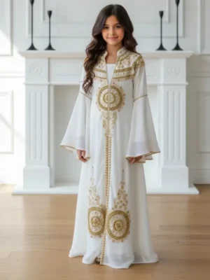white gold embroidered kaftan dress for girls, Moroccan princess style kids kaftan, luxury georgette girl’s kaftan (1)