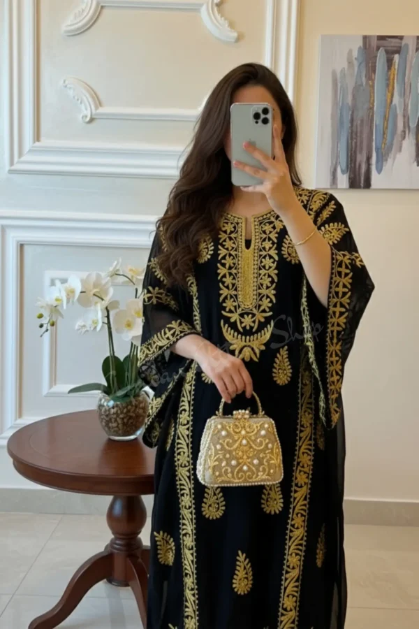Black Aari embroidered Omani gown kaftan with gold motif design luxury Arabic Dubai dress (2)