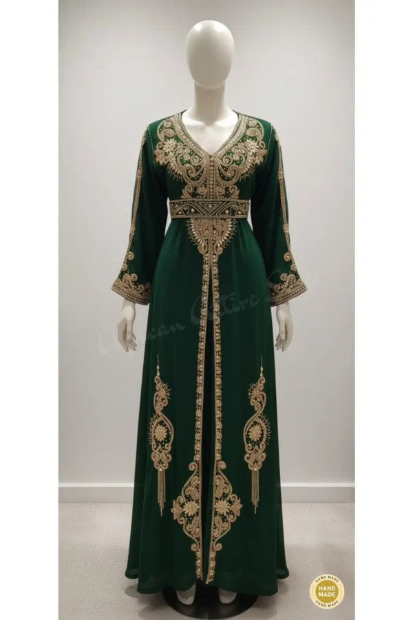 Emerald green Moroccan kaftan with gold embroidery luxury wedding and Eid dress for women (1)