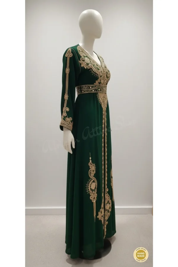 Emerald green Moroccan kaftan with gold embroidery luxury wedding and Eid dress for women (2)