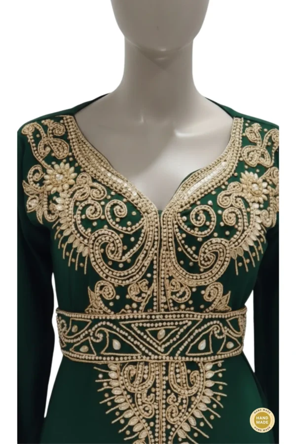 Emerald green Moroccan kaftan with gold embroidery luxury wedding and Eid dress for women (3)