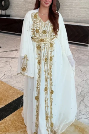 White Moroccan Kaftan with Gold Embroidery Bridal Engagement Dress for Women (4)