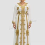 White Nikah abaya kaftan with gold embroidery Islamic bridal wedding dress (1)