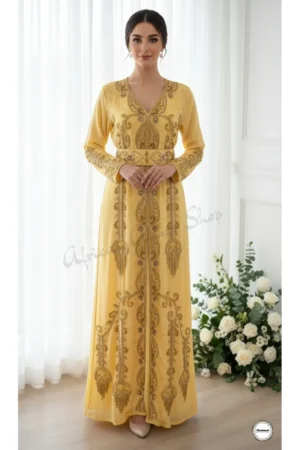 Yellow Moroccan Kaftan Dress with Gold Embroidery and Belt Wedding Outfit (1)