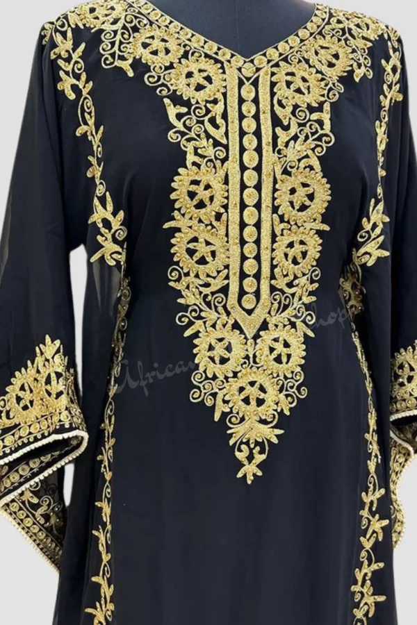 black Dubai kaftan dress with gold aari embroidery Arabic georgette evening gown handmade black kaftan for women (1)