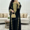 black Dubai kaftan dress with gold aari embroidery Arabic georgette evening gown handmade black kaftan for women (2)