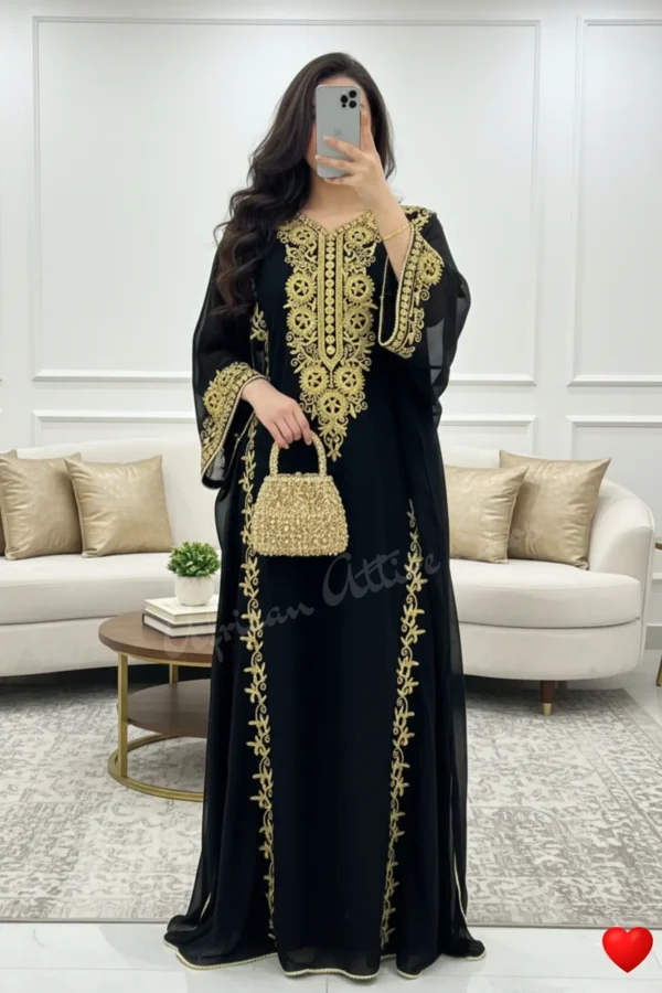 black Dubai kaftan dress with gold aari embroidery Arabic georgette evening gown handmade black kaftan for women (2)