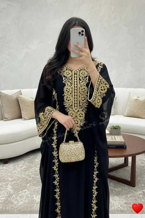 black Dubai kaftan dress with gold aari embroidery Arabic georgette evening gown handmade black kaftan for women (3)
