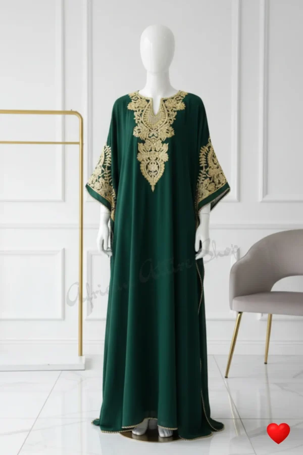 emerald green Aari embroidered kaftan, gold Arabic kaftan dress, green Moroccan kaftan gown, luxury Aari handwork dress for women (1)