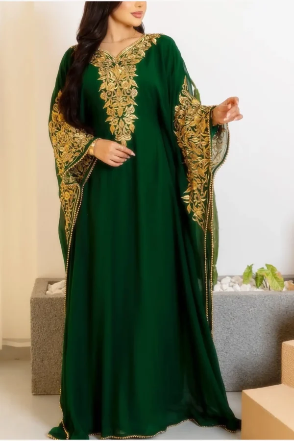green Aari embroidered kaftan dress with gold hand embroidery Dubai luxury gown for women (2)