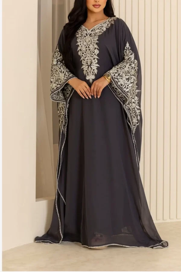 Dark Gray Aari embroidered kaftan dress with gold hand embroidery Dubai luxury gown for women (3)