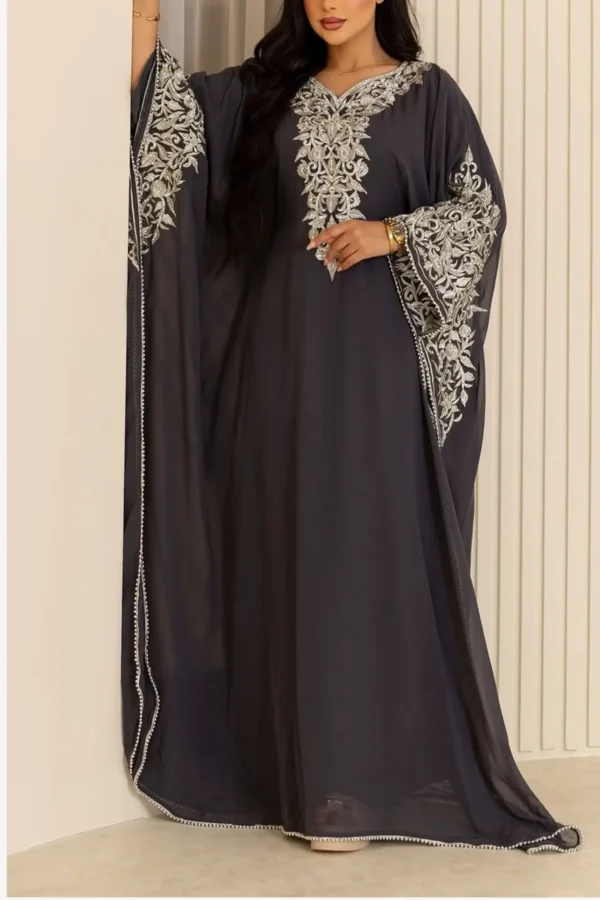 Dark Gray Aari embroidered kaftan dress with gold hand embroidery Dubai luxury gown for women (4)