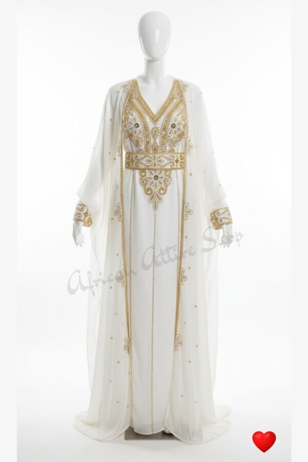 white and gold Dubai kaftan dress, Arabic embroidered wedding gown, luxury abaya dress for women, gold hand embroidery kaftan (1)