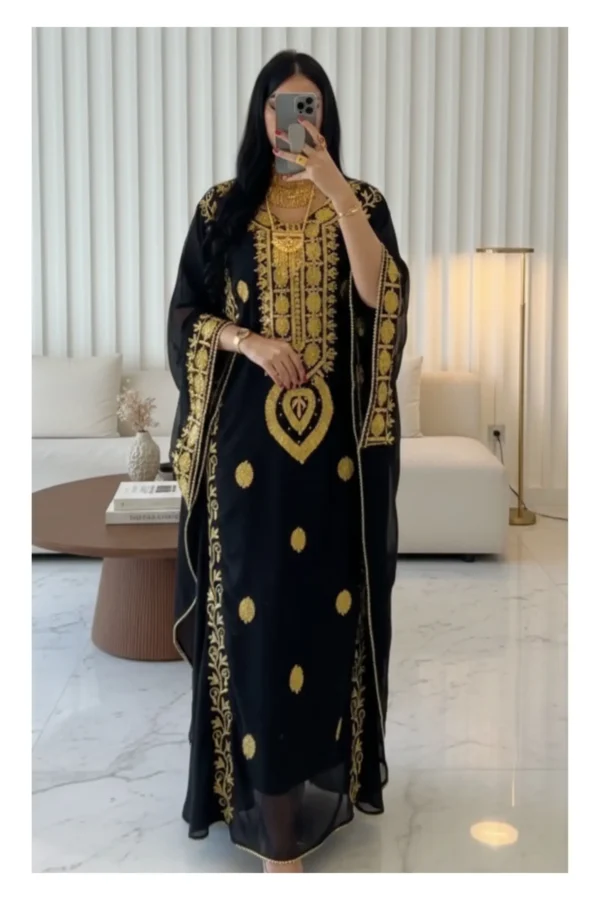 Black Moroccan kaftan with heavy gold embroidery luxury Farasha abaya for weddings and Eid (1)