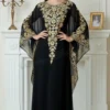 Black and gold embroidered Moroccan kaftan with angel sleeves luxury Dubai evening abaya dress (1)