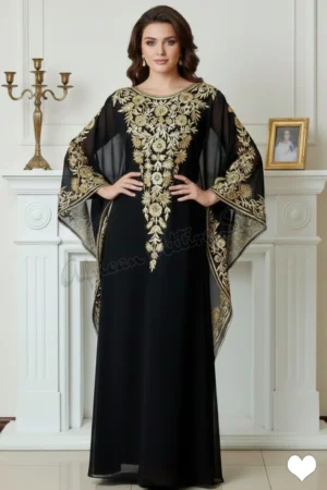 Black and gold embroidered Moroccan kaftan with angel sleeves luxury Dubai evening abaya dress (1)