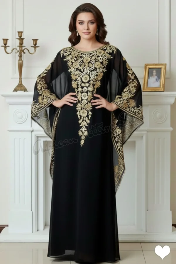 Black and gold embroidered Moroccan kaftan with angel sleeves luxury Dubai evening abaya dress (1)