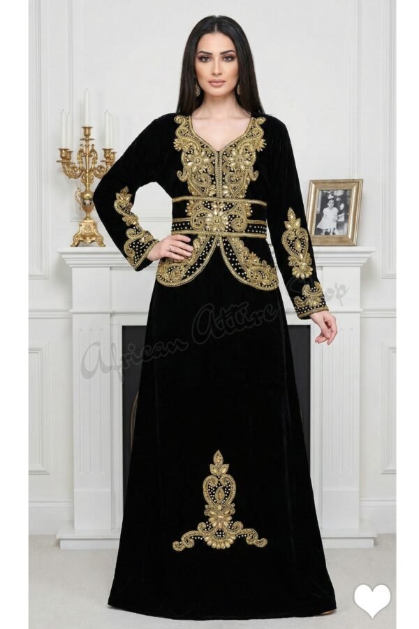 Black velvet Moroccan kaftan with gold embroidery luxury Dubai evening abaya dress for weddings and parties (1)
