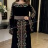 Black Velvet Embroidered Thobe – Luxury Hand-Beaded Islamic Evening Dress | Dubai Velvet Kaftan for Women