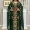 Dark green Moroccan kaftan with gold embroidery and cape sleeves luxury Dubai abaya evening dress (1)
