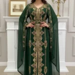 Dark green Moroccan kaftan with gold embroidery and cape sleeves luxury Dubai abaya evening dress (1)