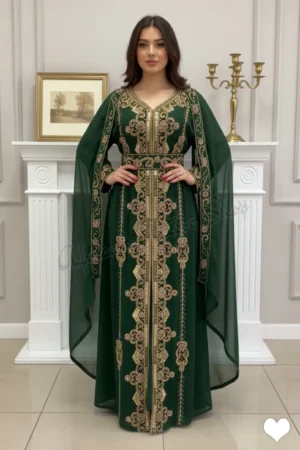 Dark green Moroccan kaftan with gold embroidery and cape sleeves luxury Dubai abaya evening dress (1)